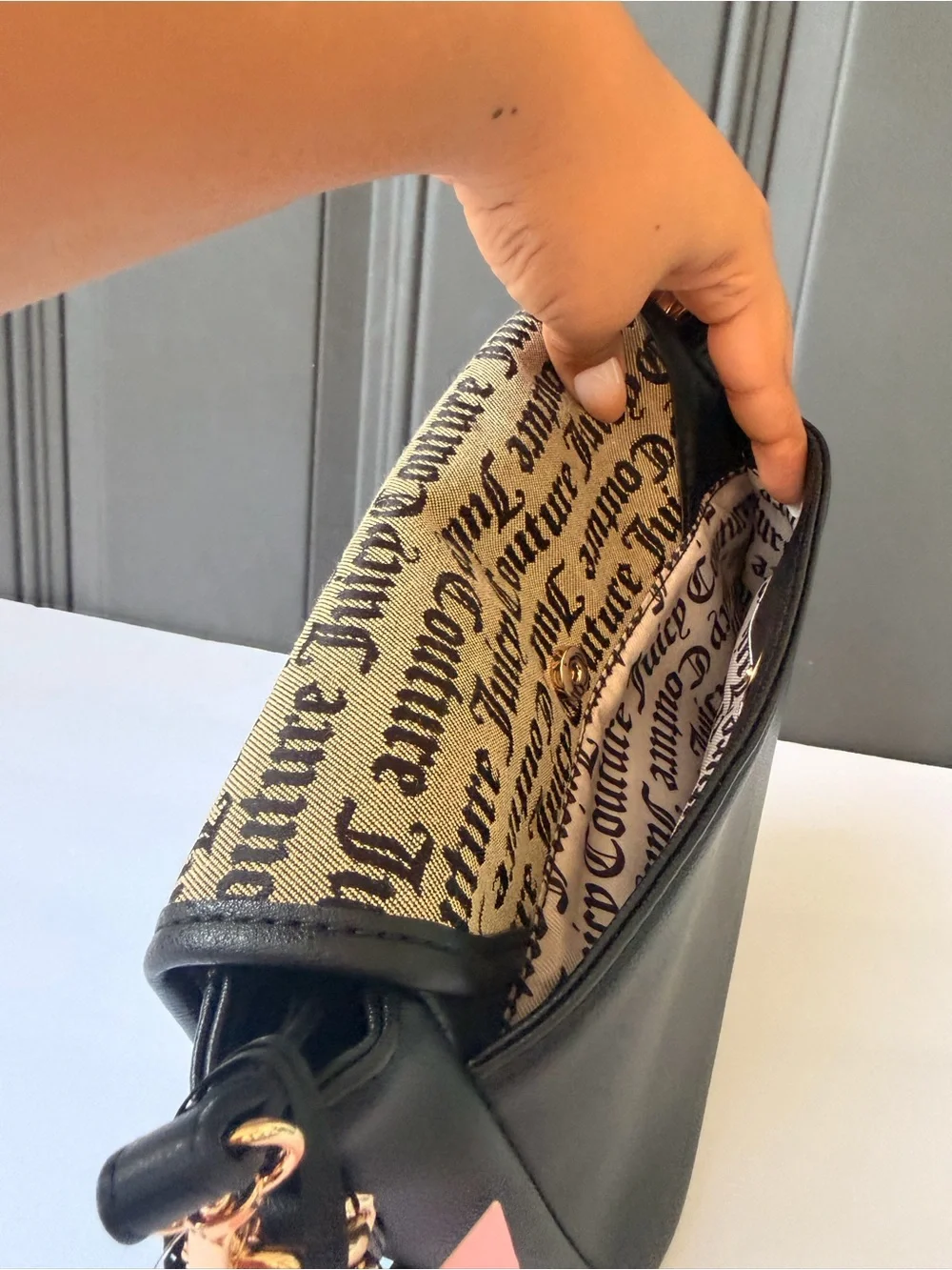 Juicy Couture Black & Beige Logo Canvas Shoulder Bag with Gold Hardware